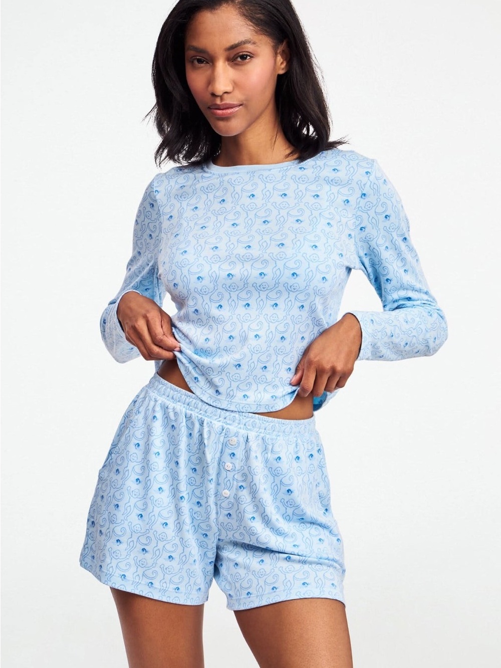 Roller Rabbit Monkey Rosebud Blue Pajama Set Baby Tee Boxer Shorts S XS